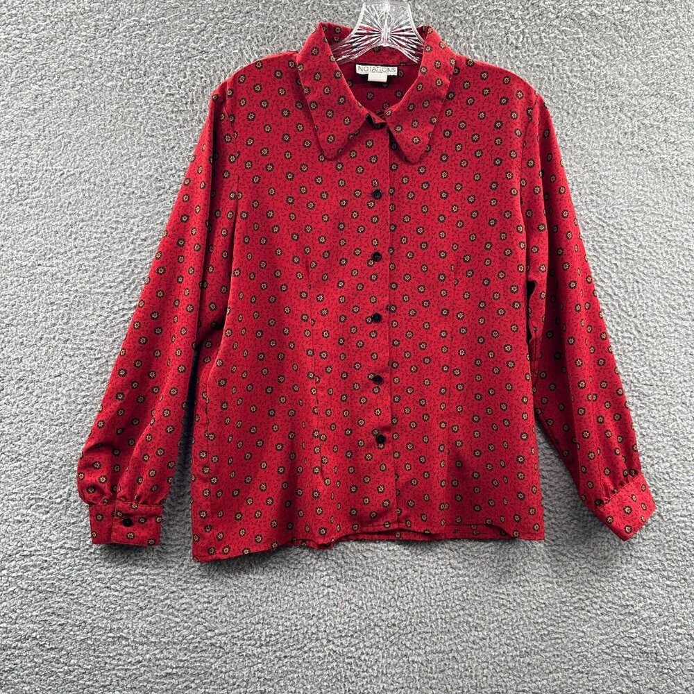 Notions Womens Top 10 Petite Red Floral‎ Button Front Long Sleeve Shirt